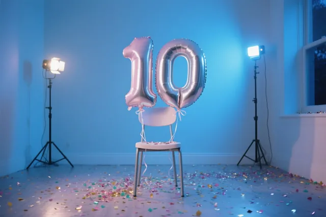 Twee grote zilver- en pastelkleurige cijferballonnen vormen 10 aan een witte stoel in een blauwe kamer, met confetti op de vloer en studiolampen aan weerszijden.