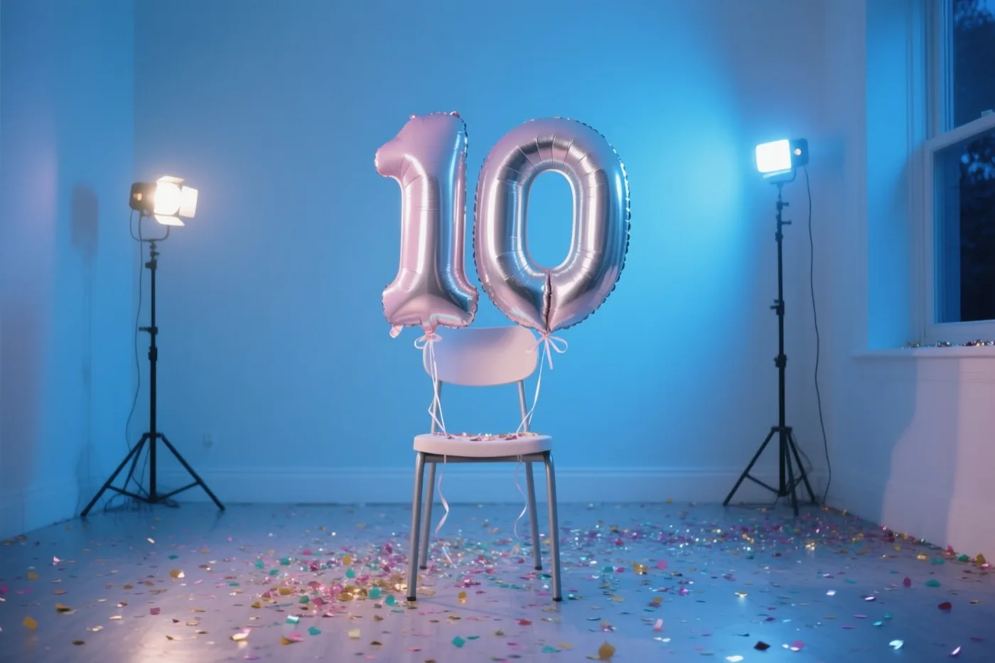 Twee grote zilver- en pastelkleurige cijferballonnen vormen 10 aan een witte stoel in een blauwe kamer, met confetti op de vloer en studiolampen aan weerszijden.