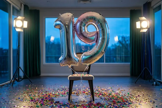 Zilveren en pastelkleurige cijferballonnen vormen 19 aan een stoel in een kamer met confetti op de vloer, studioverlichting en grote ramen met een blauwe avondlucht.