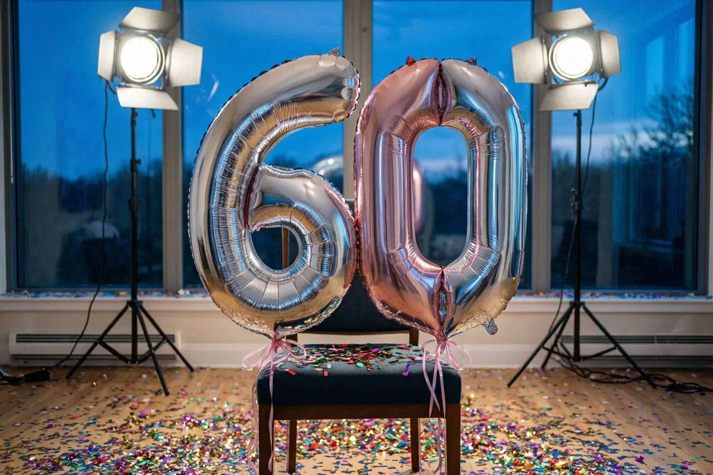 Folieballonnen in de vorm van 60 zijn aan een stoel vastgemaakt in een met studiolicht verlichte kamer, met confetti en grote ramen die een schemerlucht tonen.