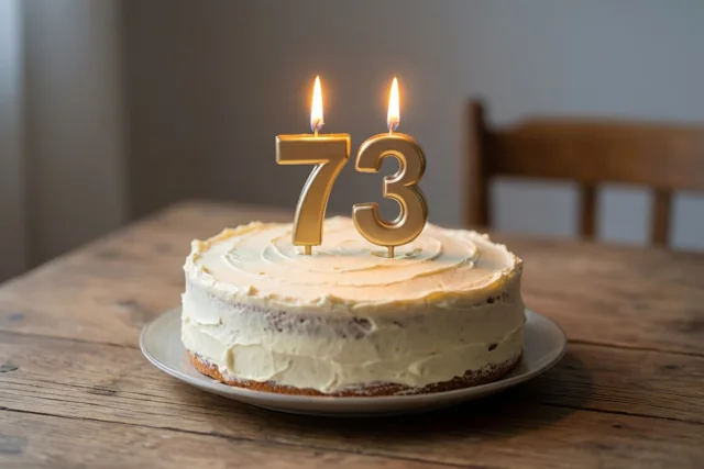 Brandende cijferkaarsen 73 verlichten een zelfgemaakte roomtaart op een houten tafel.