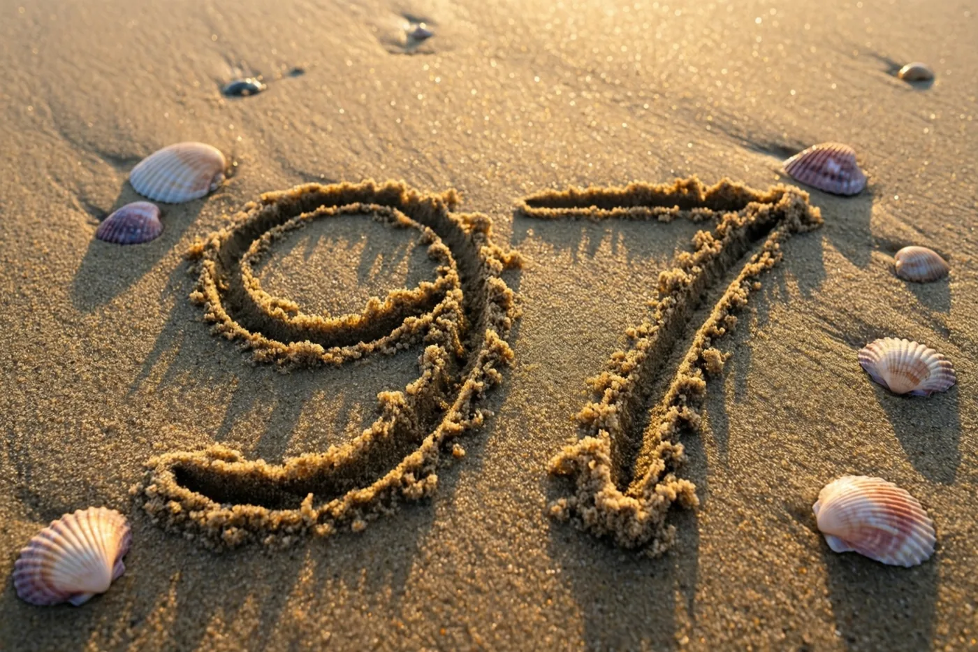 Het getal 97 is getekend in nat strandzand tussen verspreide schelpen, in het warme gouden licht van de zonsondergang.
