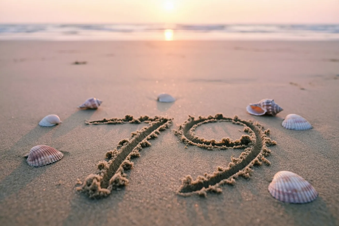 Het getal 79 is in het strandzand getekend tussen verspreide schelpen, in het gouden en roze licht van de zonsondergang.