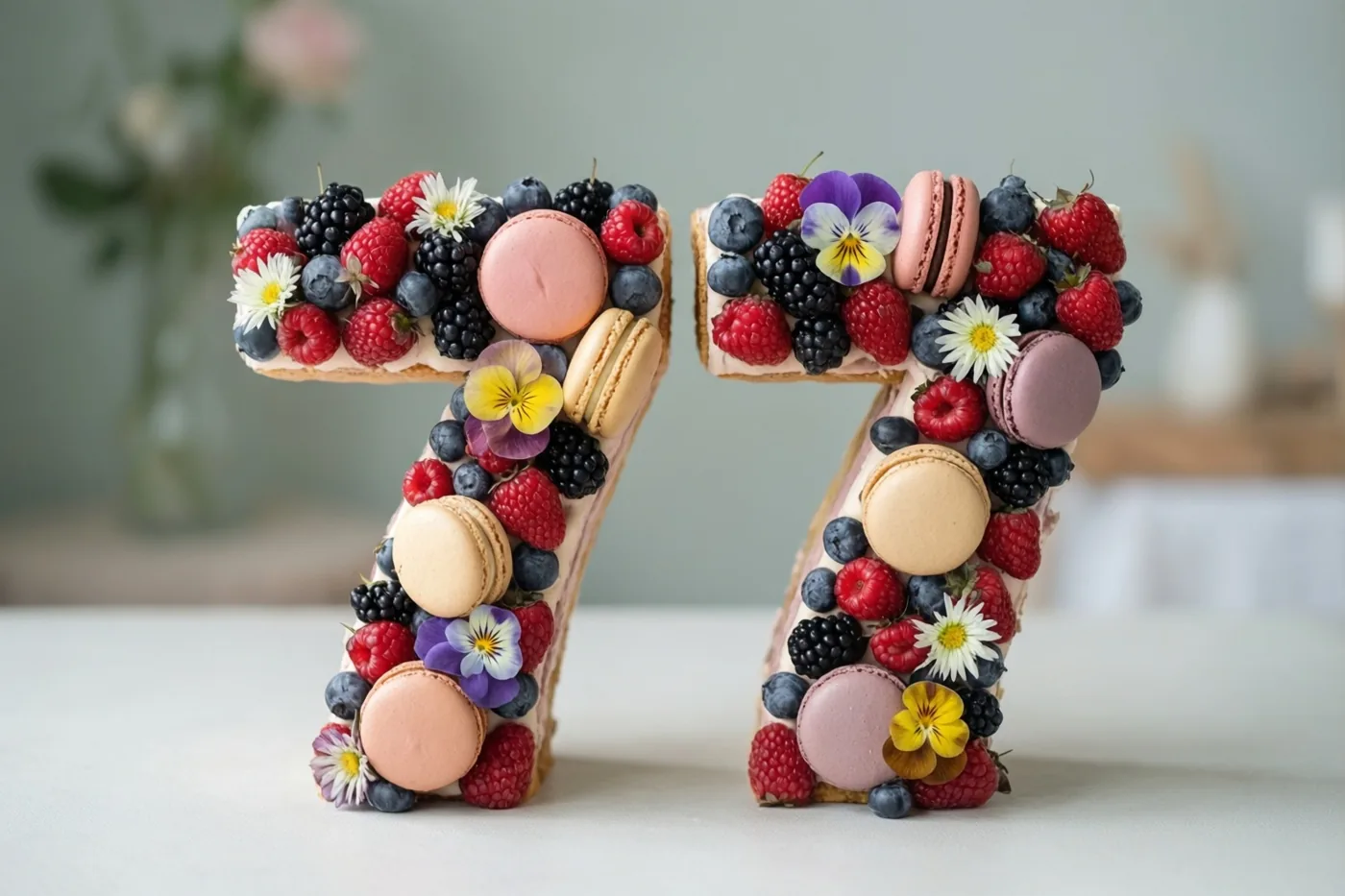 Twee grote rechtopstaande zevens zijn versierd met frambozen, bramen, blauwe bessen, macarons en eetbare bloemen op een witte ondergrond.