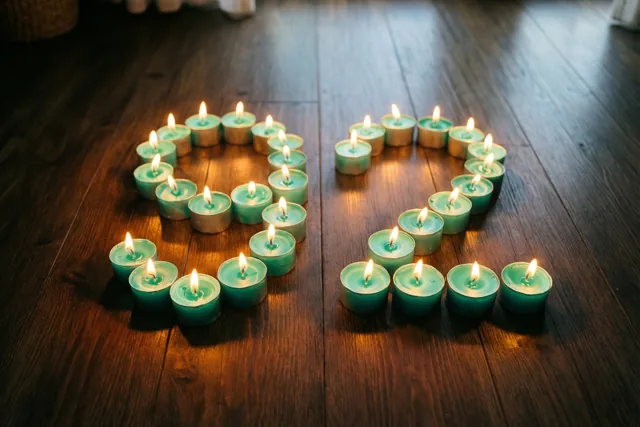 Brandende theelichtjes vormen het getal 92 op een donkere houten vloer, met blauwgroene en warme amberkleurige tinten.