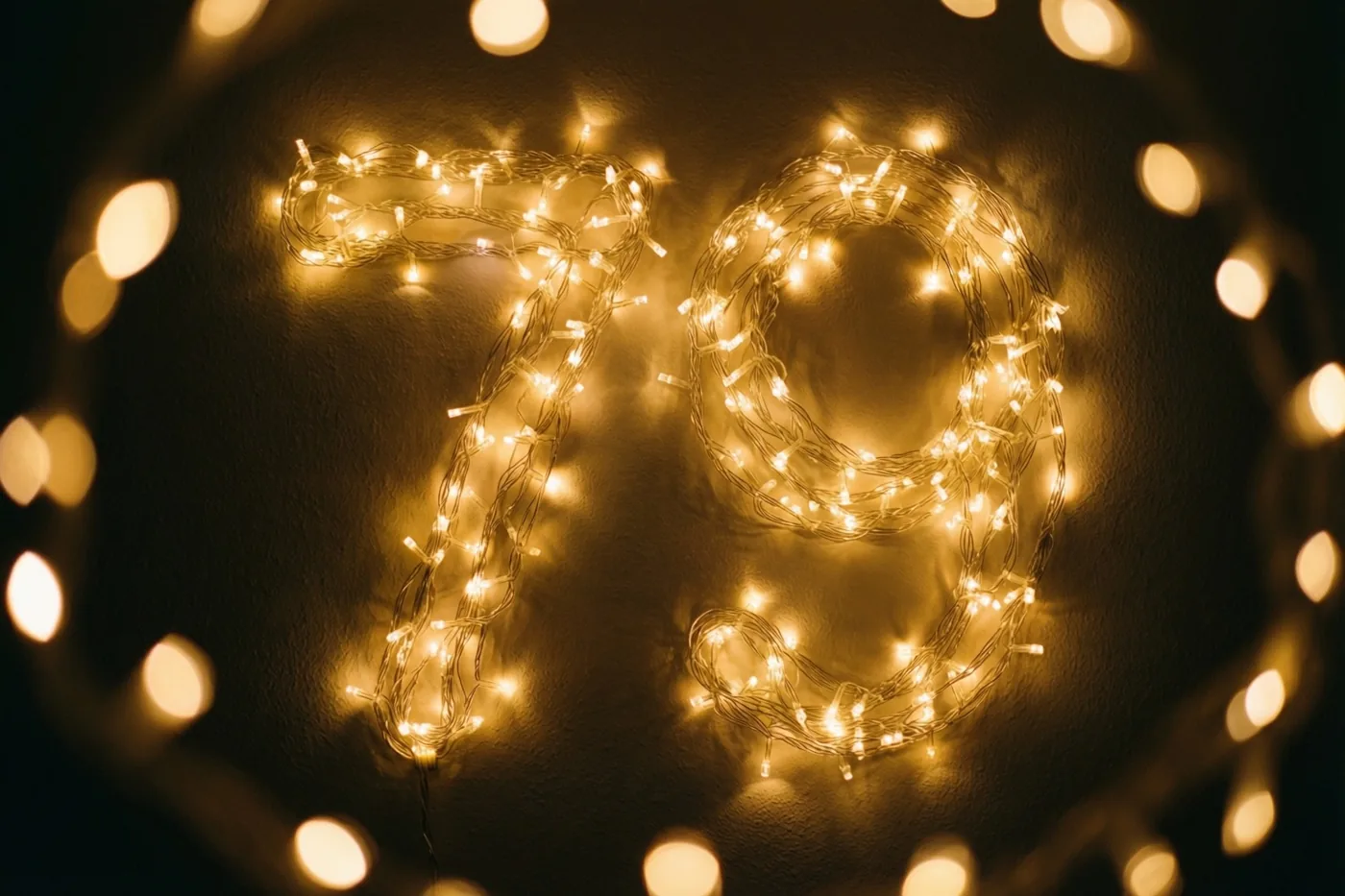 Warme lichtslingers vormen het getal 79 tegen een donkere muur, met onscherpe gouden lichtjes op de achtergrond.