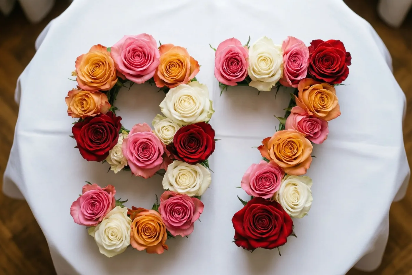 Roze, rode, oranje en witte rozen vormen van bovenaf gezien het getal 97 op een wit tafelkleed.