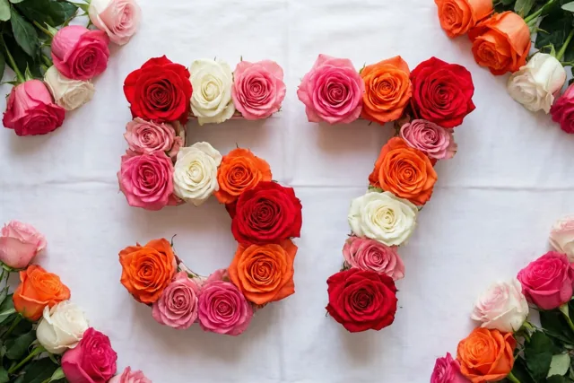 Het getal 57 is gevormd met roze en witte rozen op een wit tafelkleed en recht van bovenaf gefotografeerd.