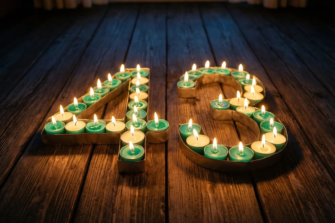 Het getal 43 is gelegd met brandende theelichtjes die zacht licht werpen op een donkere houten vloer.