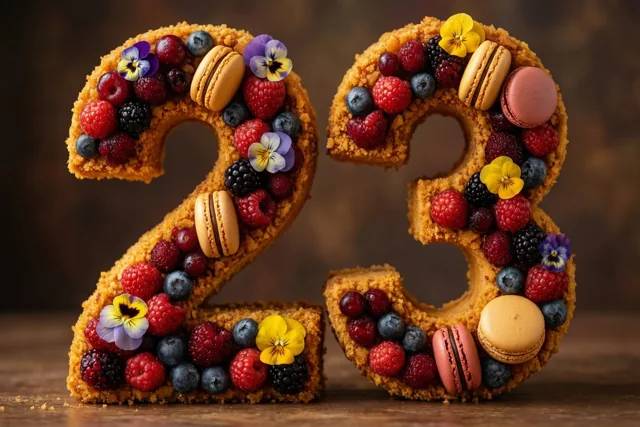 Een taart in de vorm van 23 is versierd met bessen, macarons en eetbare bloemen en staat op een houten oppervlak tegen een warm verlichte, onscherpe achtergrond.
