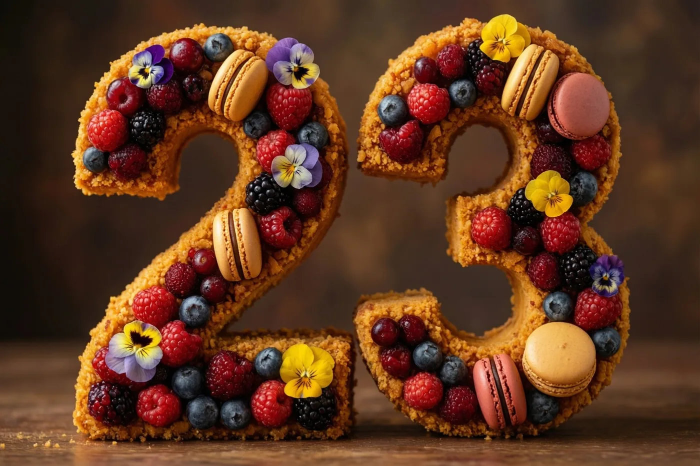 Een taart in de vorm van 23 is versierd met bessen, macarons en eetbare bloemen en staat op een houten oppervlak tegen een warm verlichte, onscherpe achtergrond.