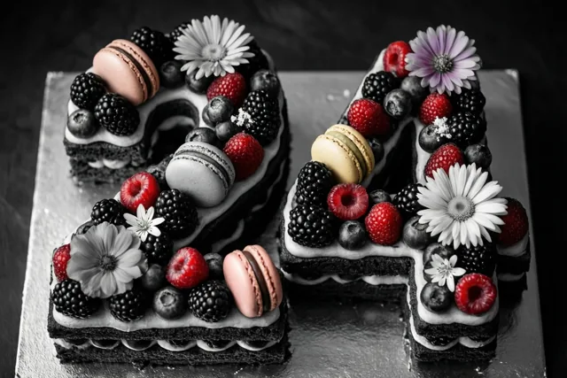 Een taart in de vorm van 24 met bessen, macarons en eetbare bloemen staat op een zilveren dienblad tegen een donkere achtergrond.
