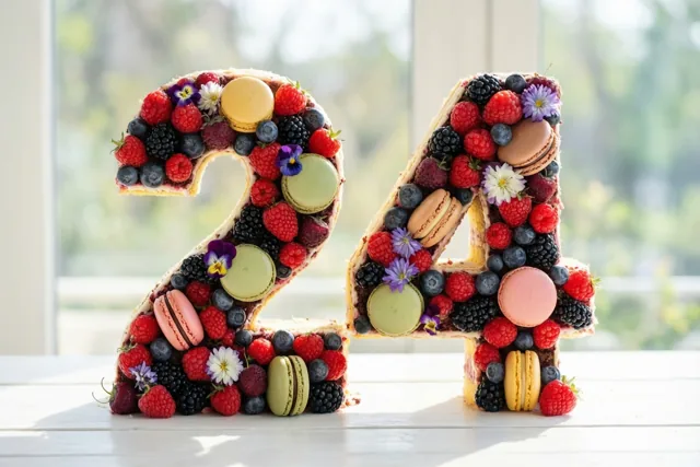 Een taart in de vorm van 24 met bessen, macarons en eetbare bloemen staat op een wit houten oppervlak voor een helder raam.