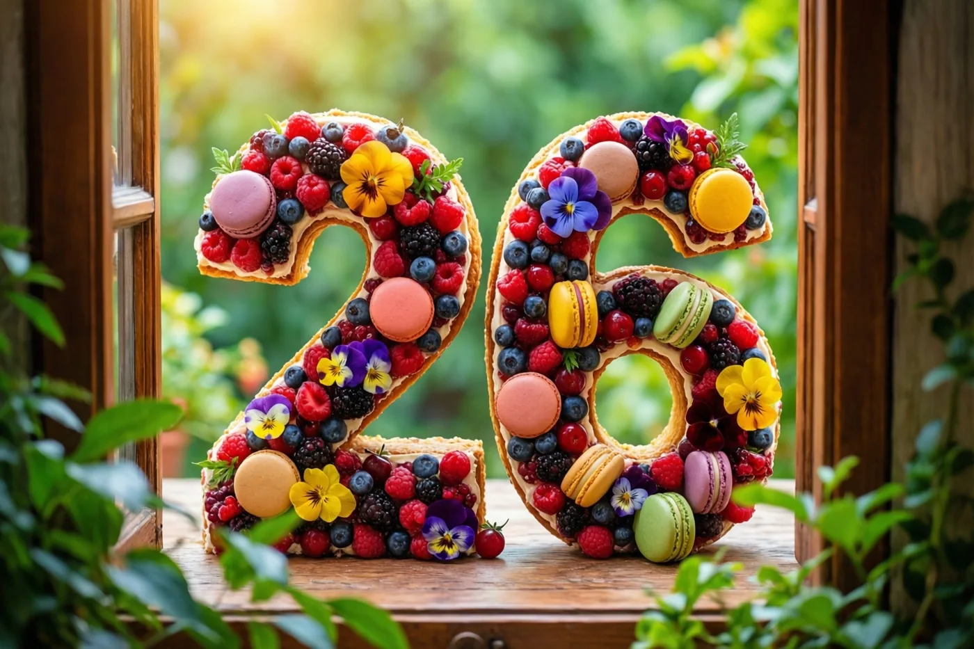 Een taart in de vorm van 26 met bessen, macarons en eetbare bloemen staat op een houten vensterbank met groen op de voorgrond en achtergrond.