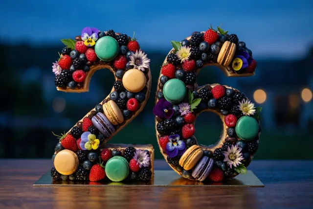 Een taart in de vorm van 26 met bessen, macarons en eetbare bloemen staat op een houten tafel tegen een onscherpe blauwe avondachtergrond.