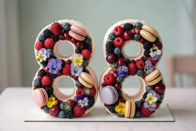 Twee taarten vormen 88 op een witte kartonnen onderlegger op tafel, versierd met bessen, macarons en eetbare bloemen in zachte roze, rode en blauwe tinten.