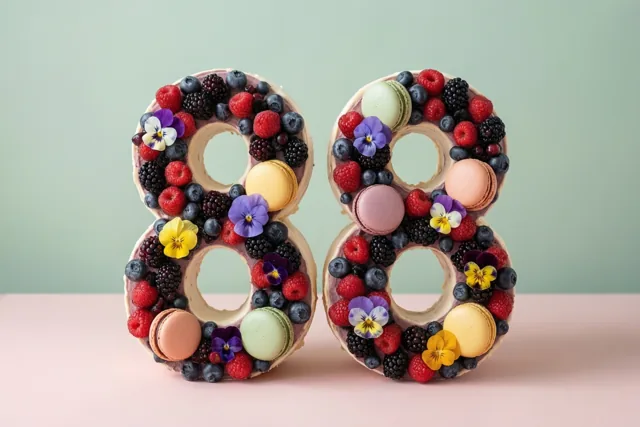 Twee taarten in de vorm van 88 staan op een roze ondergrond tegen een lichtgroene achtergrond en zijn versierd met bessen, macarons en eetbare bloemen.
