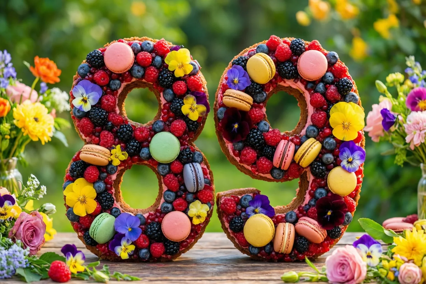Twee taarten in de vorm van een 8 en een 9 staan op een houten buitentafel, versierd met bessen, macarons en eetbare bloemen, met groen en kleurrijke bloemen op de achtergrond.