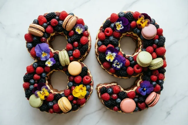 Twee cijfertaarten vormen 89 op wit marmer en zijn versierd met frambozen, bramen, blauwe bessen, macarons en eetbare bloemen.