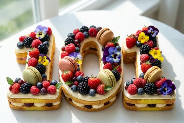 Een taart in de vorm van 101 staat op een witte tafel bij een raam, versierd met frambozen, bramen, blauwe bessen, macarons en eetbare bloemen.