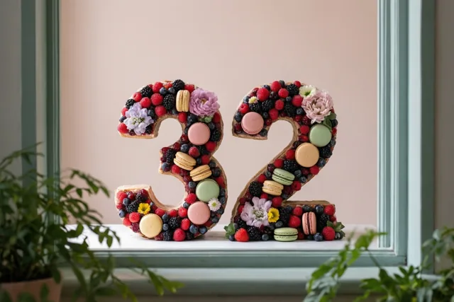 Een taart in de vorm van 32 met bessen, macarons en eetbare bloemen staat op een vensterbank bij pastelkleurige muren en groen.