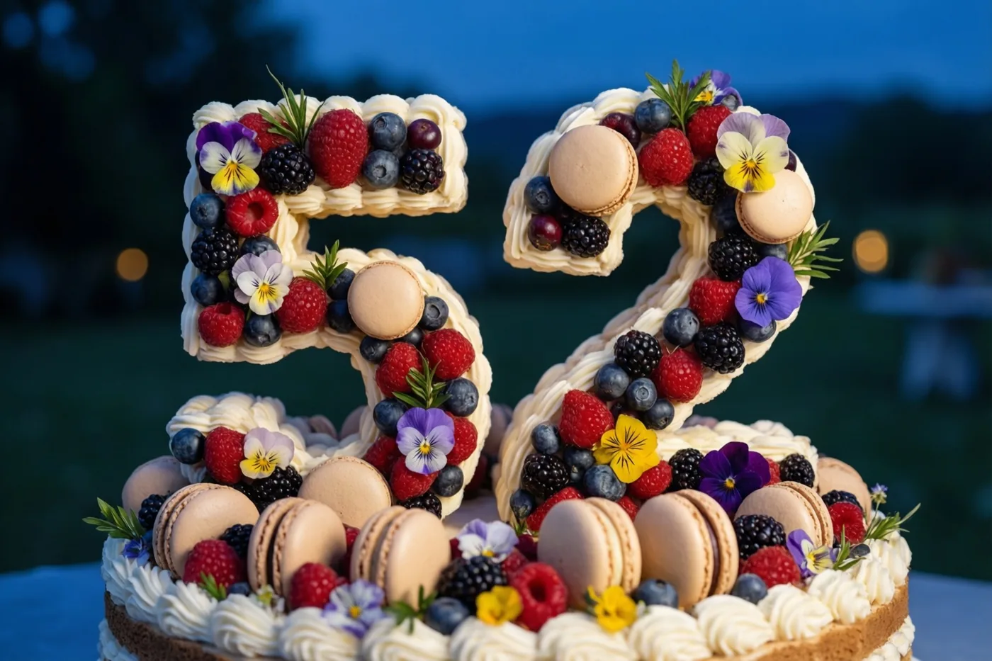 Een taart in de vorm van 52 is versierd met bessen, macarons en eetbare bloemen en staat buiten bij schemering tegen een onscherpe achtergrond.