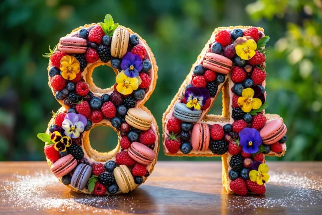 Een taart in de vorm van 84 met bessen, macarons en eetbare bloemen staat buiten op een houten oppervlak voor een onscherpe groene achtergrond.