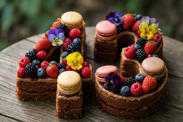 Een taart in de vorm van 43 staat buiten op een houten tafel en is versierd met verse bessen, macarons en eetbare bloemen, tegen een onscherpe groene achtergrond.