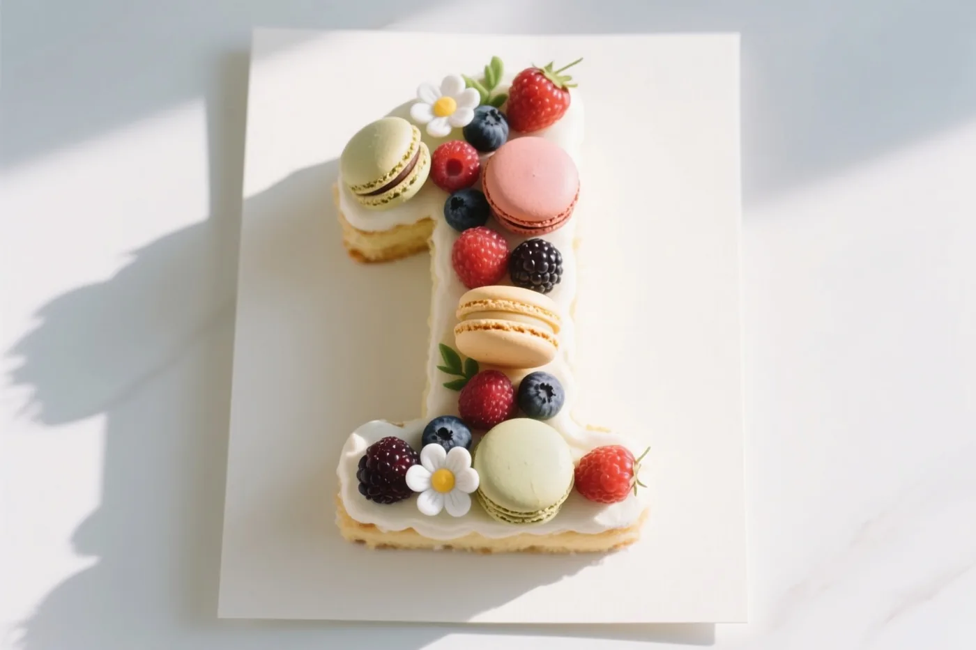 Een taart in de vorm van het cijfer 1 is versierd met bessen, macarons en eetbare bloemen op een witte ondergrond in fel zonlicht.