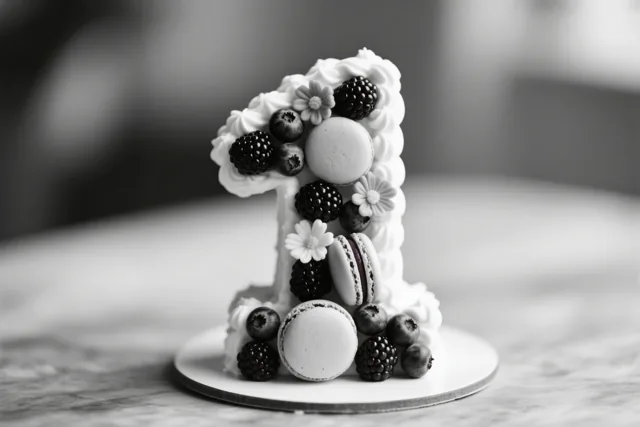 Een zwart-witfoto toont een taart in de vorm van het cijfer 1 met bessen, macarons en eetbare bloemen op een wit bord op een marmeren ondergrond.