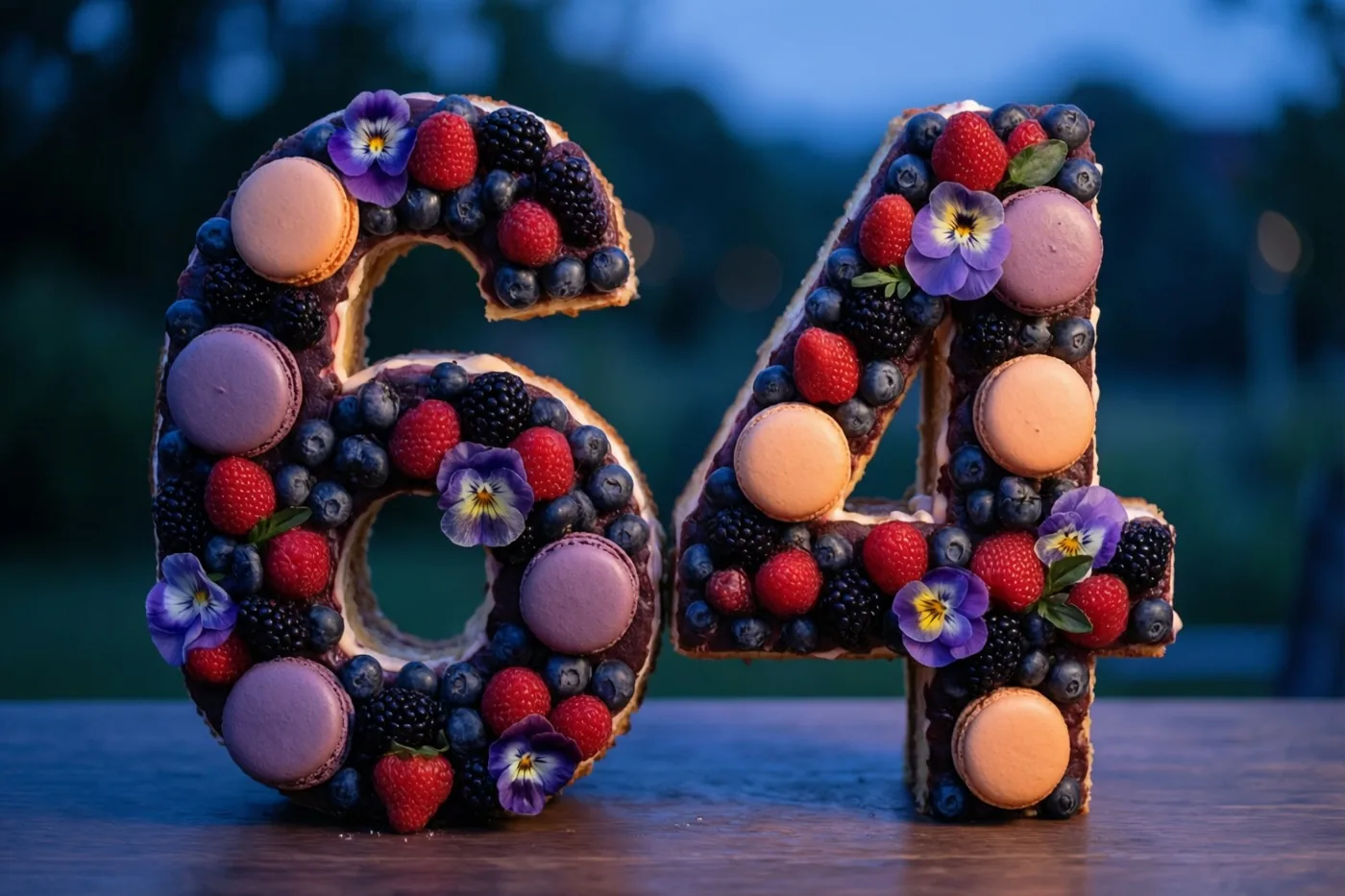 Twee grote taartcijfers vormen 64 en zijn versierd met bessen, macarons en eetbare bloemen op een houten oppervlak, met een onscherpe buitenachtergrond in zacht blauw en paars licht.