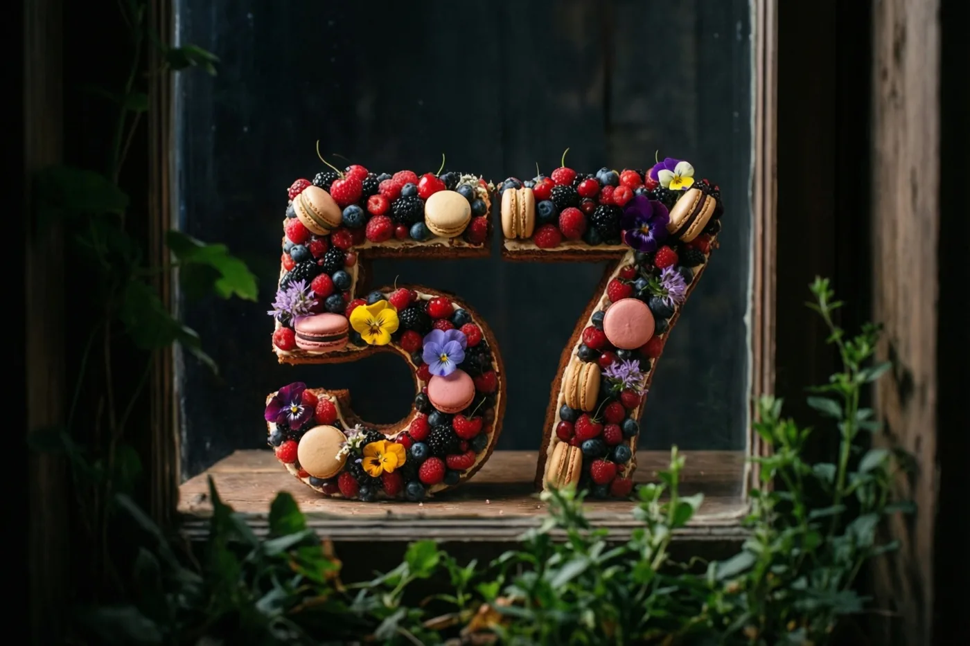 Een taart in de vorm van 57 met bessen, macarons en eetbare bloemen staat op een houten vensterbank, omlijst door een landelijk houten raam en groen tegen een donkere achtergrond.