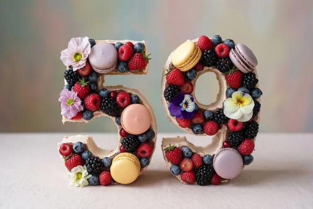 Twee cijfertaarten vormen 59 op een lichte ondergrond, versierd met bessen, macarons en eetbare bloemen tegen een zacht onscherpe achtergrond.