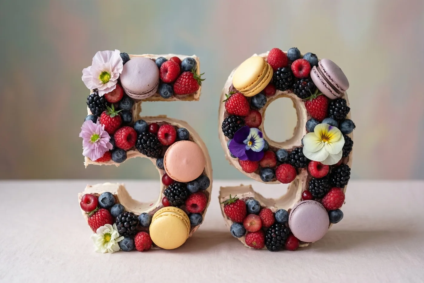 Twee cijfertaarten vormen 59 op een lichte ondergrond, versierd met bessen, macarons en eetbare bloemen tegen een zacht onscherpe achtergrond.