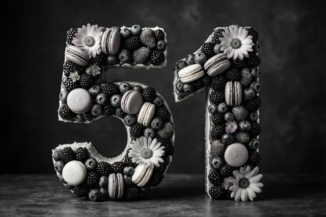 Een zwart-witbeeld toont een taart in de vorm van 51 met bessen, macarons en eetbare bloemen tegen een donkere achtergrond.