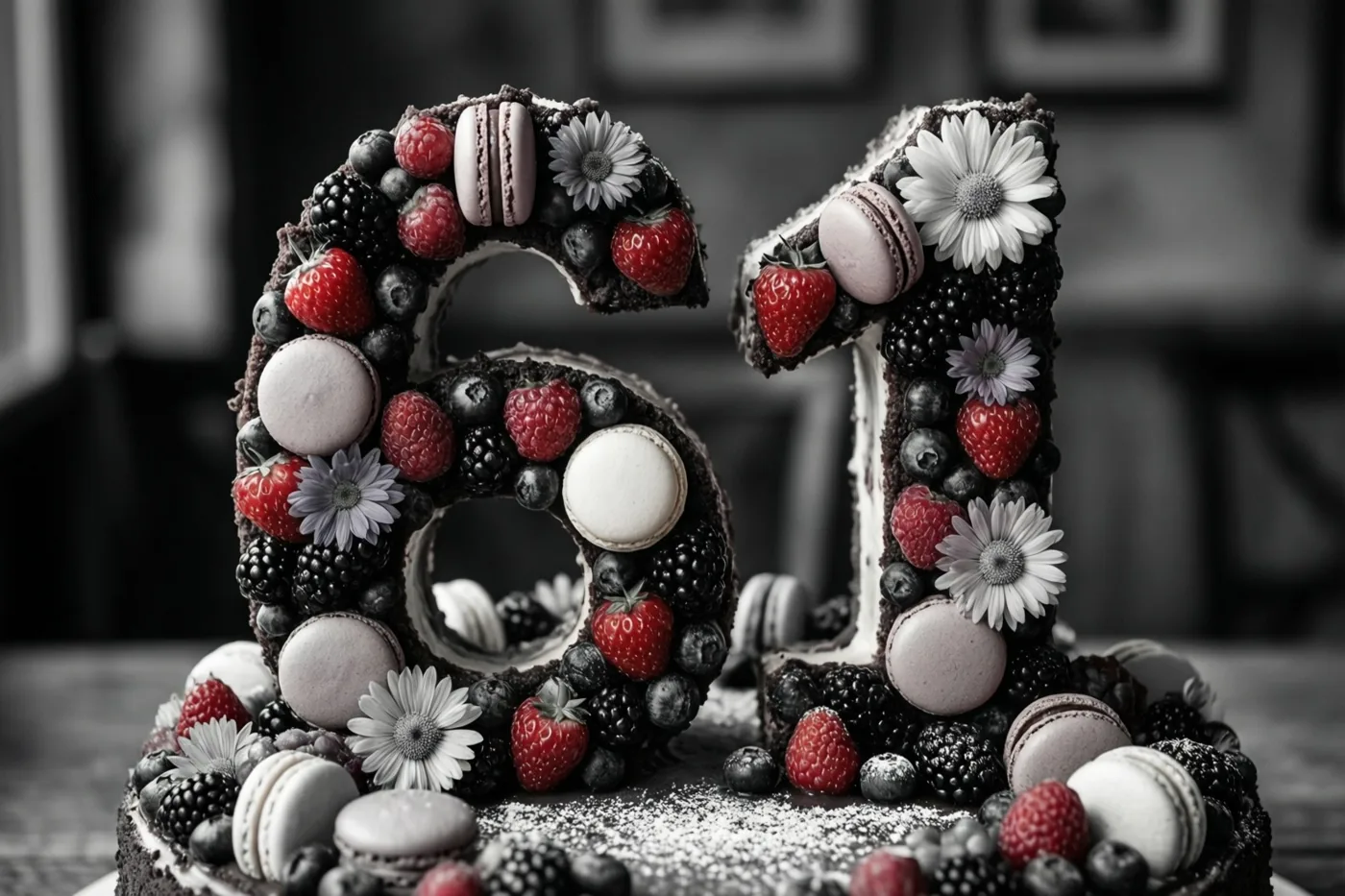 Een taart in de vorm van 61 met aardbeien, bramen, blauwe bessen, macarons en witte eetbare bloemen staat op een donkere ondergrond.