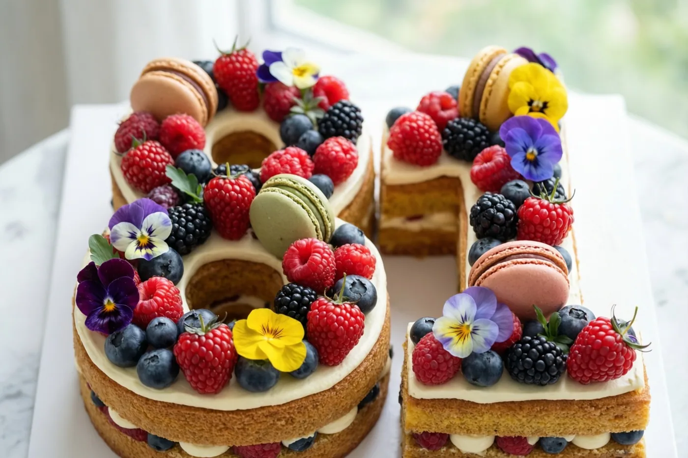 Een taart in de vorm van 81, versierd met frambozen, bramen, blauwe bessen, macarons en eetbare bloemen, staat op een wit oppervlak tegen een lichte onscherpe achtergrond.