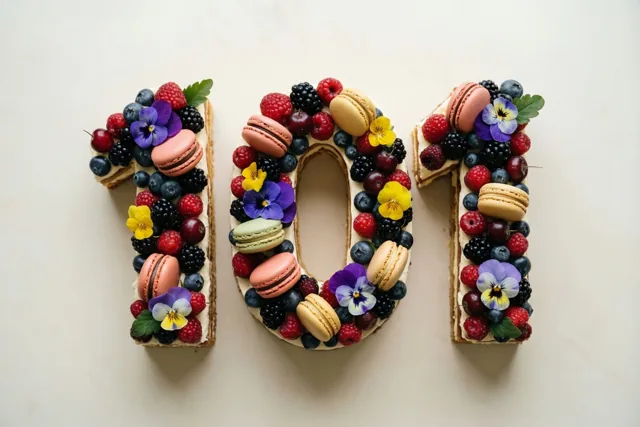 Van bovenaf zie je drie taartdelen die samen 101 vormen, versierd met bessen, macarons en eetbare bloemen op een gebroken witte achtergrond.