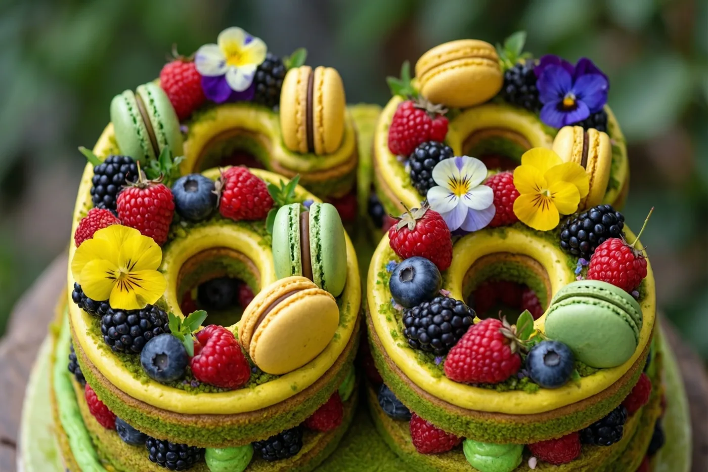 Een taart in de vorm van 68 is versierd met frambozen, bramen, blauwe bessen, gele en groene macarons en eetbare bloemen tegen een onscherpe groene achtergrond.