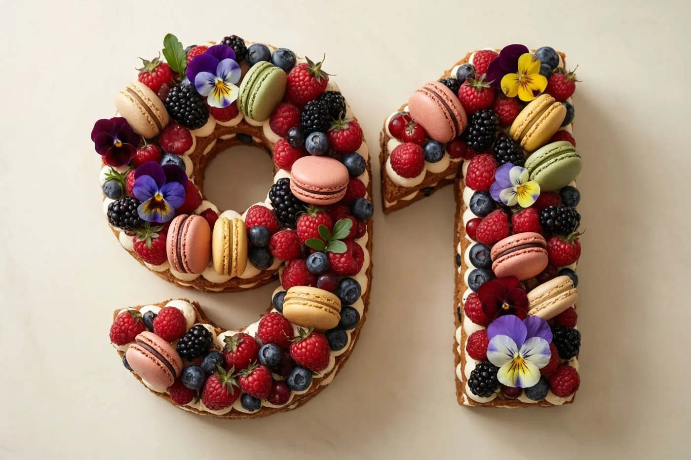 Een taart in de vorm van 91 is versierd met bessen, macarons en eetbare bloemen op een effen gebroken witte ondergrond.