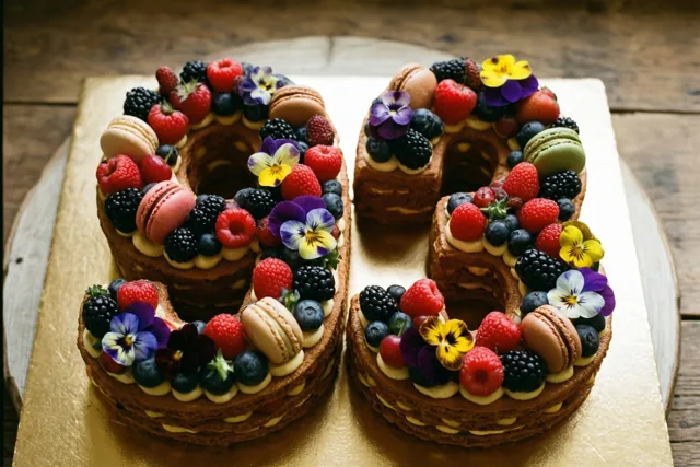 Een taart in de vorm van 93 is versierd met frambozen, bramen, blauwe bessen, macarons en eetbare bloemen op een goudkleurige ondergrond tegen een houten achtergrond.