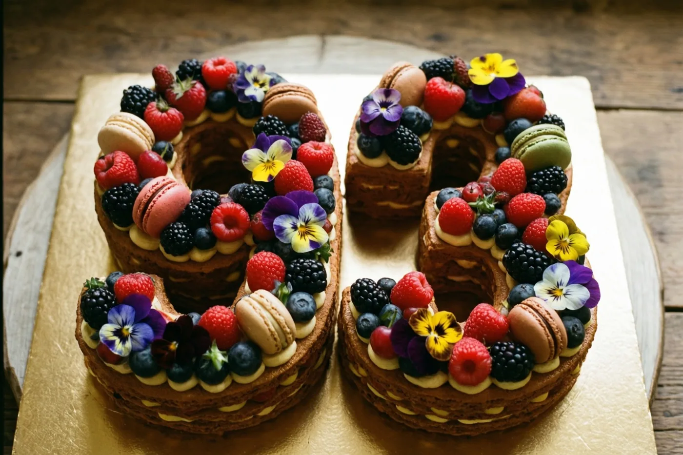 Een taart in de vorm van 93 is versierd met frambozen, bramen, blauwe bessen, macarons en eetbare bloemen op een goudkleurige ondergrond tegen een houten achtergrond.