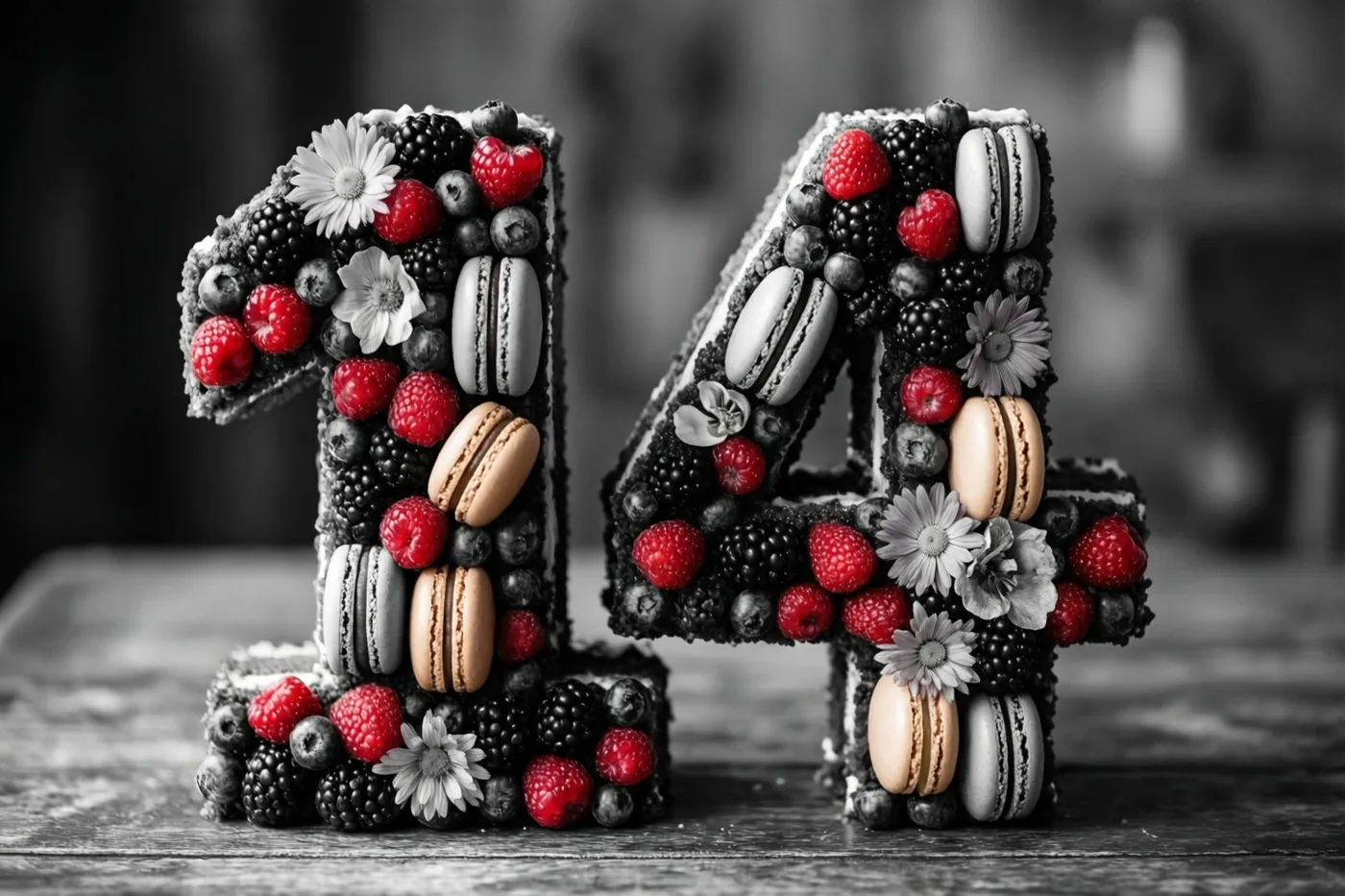 Een taart in de vorm van het getal 14 ligt op een houten ondergrond en is versierd met bessen, macarons en eetbare bloemen.