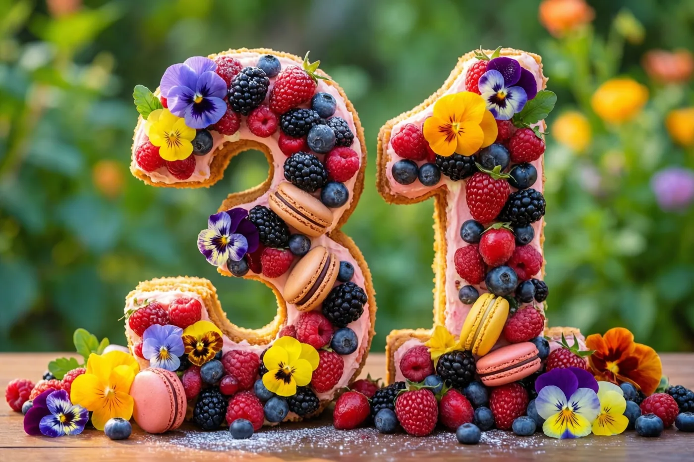 Een taart in de vorm van 31 is versierd met bessen, macarons en eetbare bloemen op een houten oppervlak met een onscherpe groene tuin erachter.