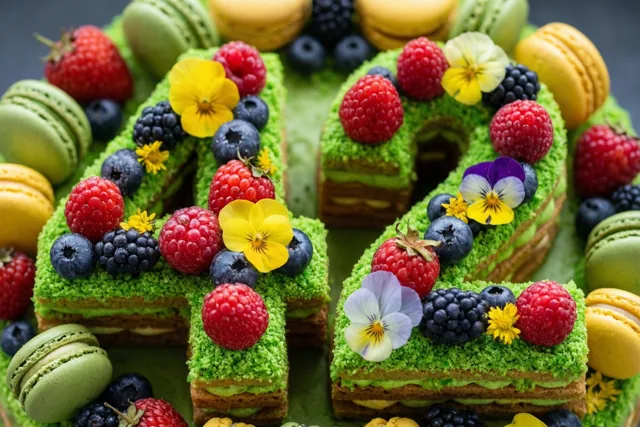 Een taart in de vorm van 42 is versierd met frambozen, blauwe bessen, bramen, eetbare bloemen en macarons.