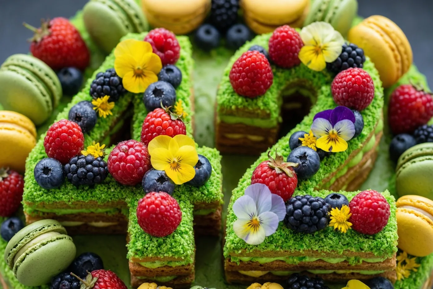 Een taart in de vorm van 42 is versierd met frambozen, blauwe bessen, bramen, eetbare bloemen en macarons.