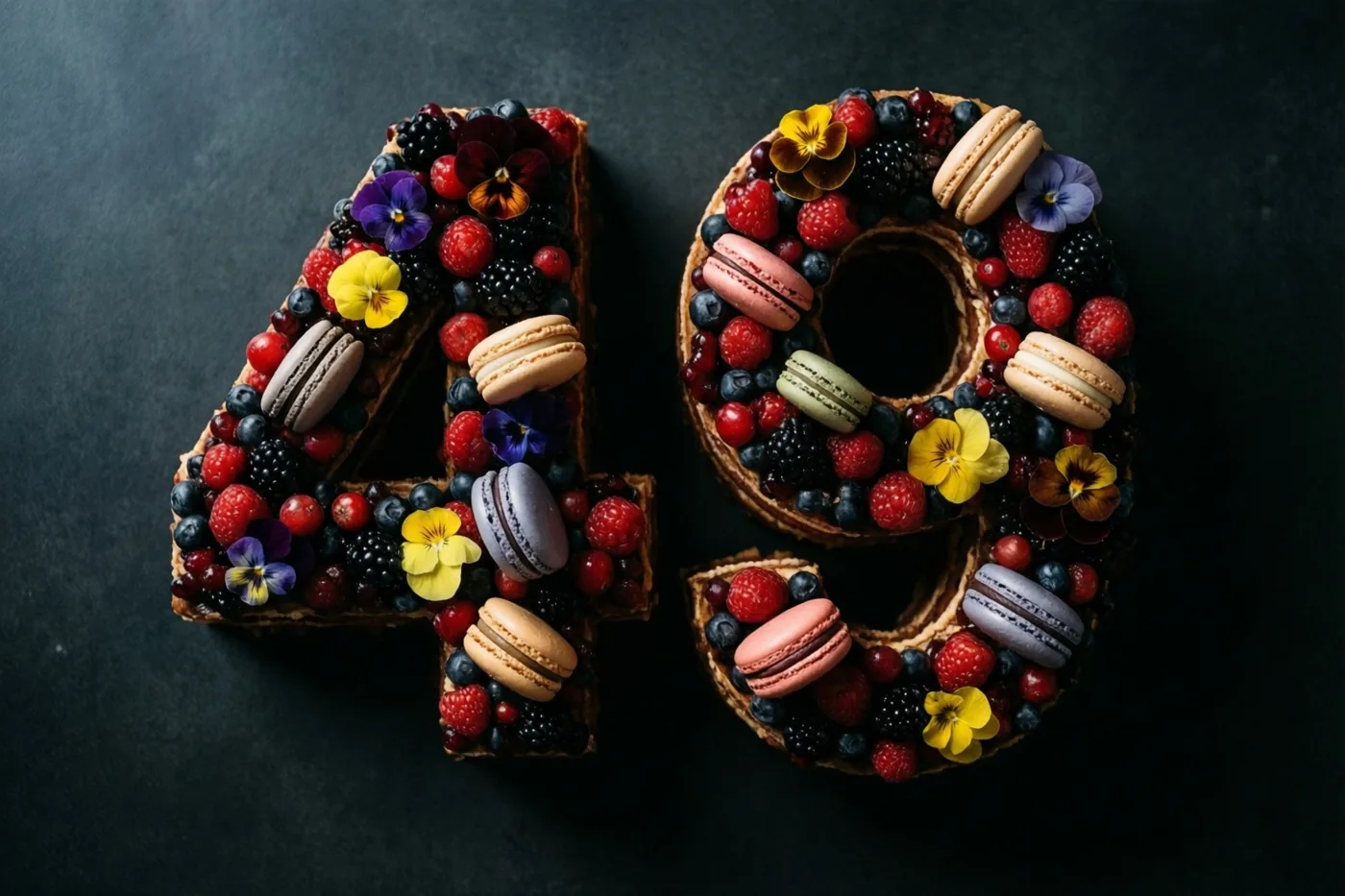 Een taart in de vorm van 49 is versierd met bessen, macarons en eetbare bloemen tegen een donkere achtergrond.