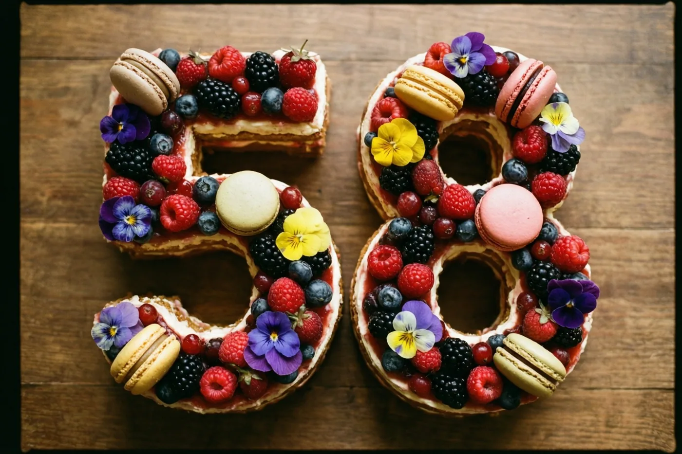 Een taart in de vorm van 58 ligt op een houten ondergrond en is versierd met bessen, macarons en eetbare bloemen.