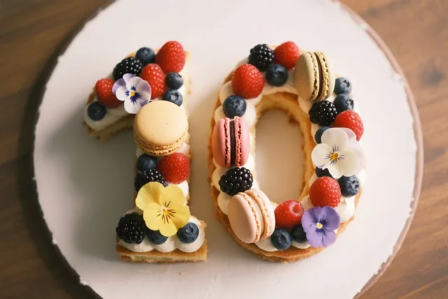 Een taart in de vorm van het getal 10 ligt op een wit bord op een houten oppervlak, versierd met bessen, macarons en eetbare bloemen.