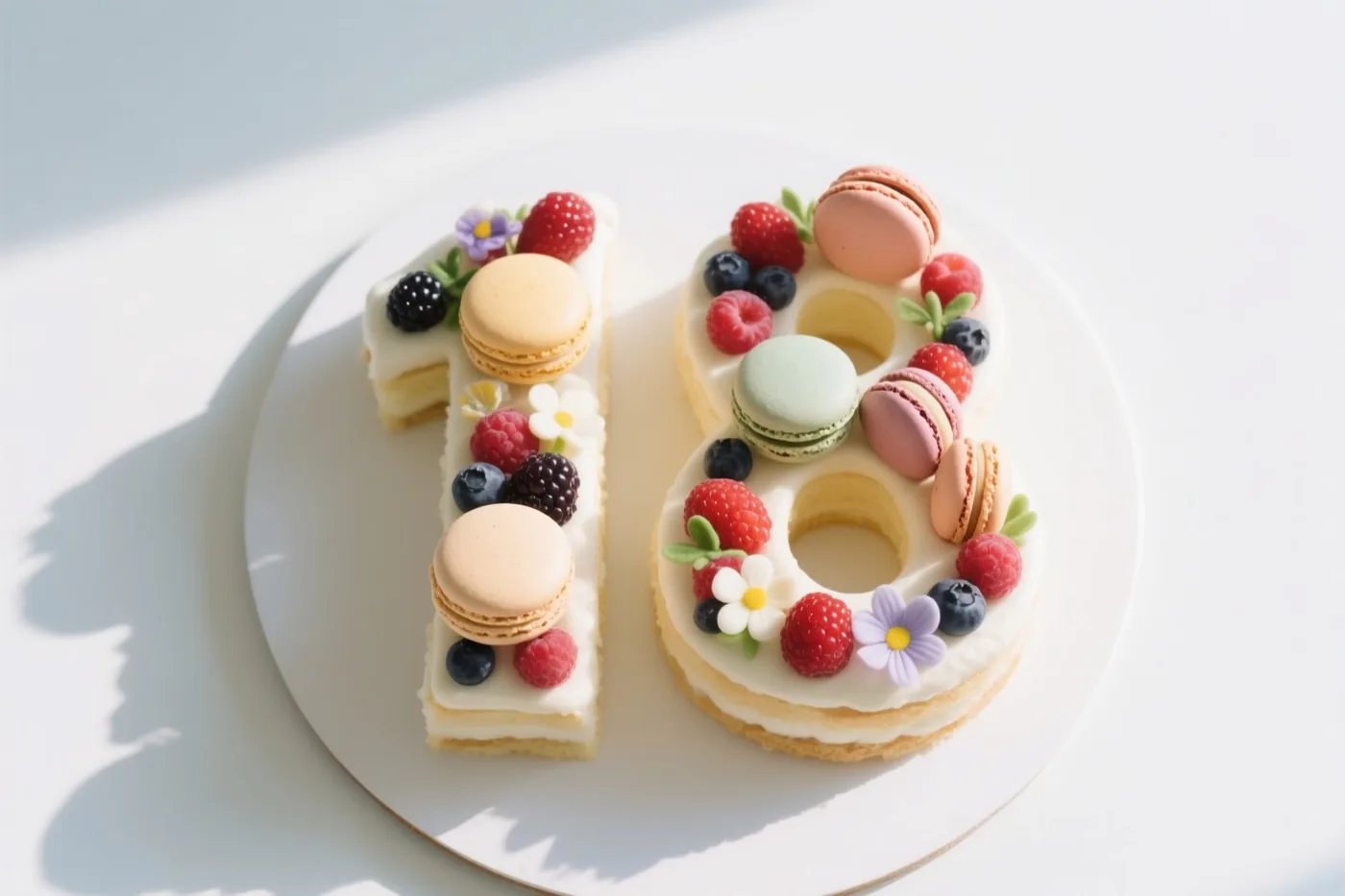 Een taart in de vorm van 18, versierd met bessen, macarons en eetbare bloemen, staat op een wit bord in fel zonlicht tegen een witte achtergrond.